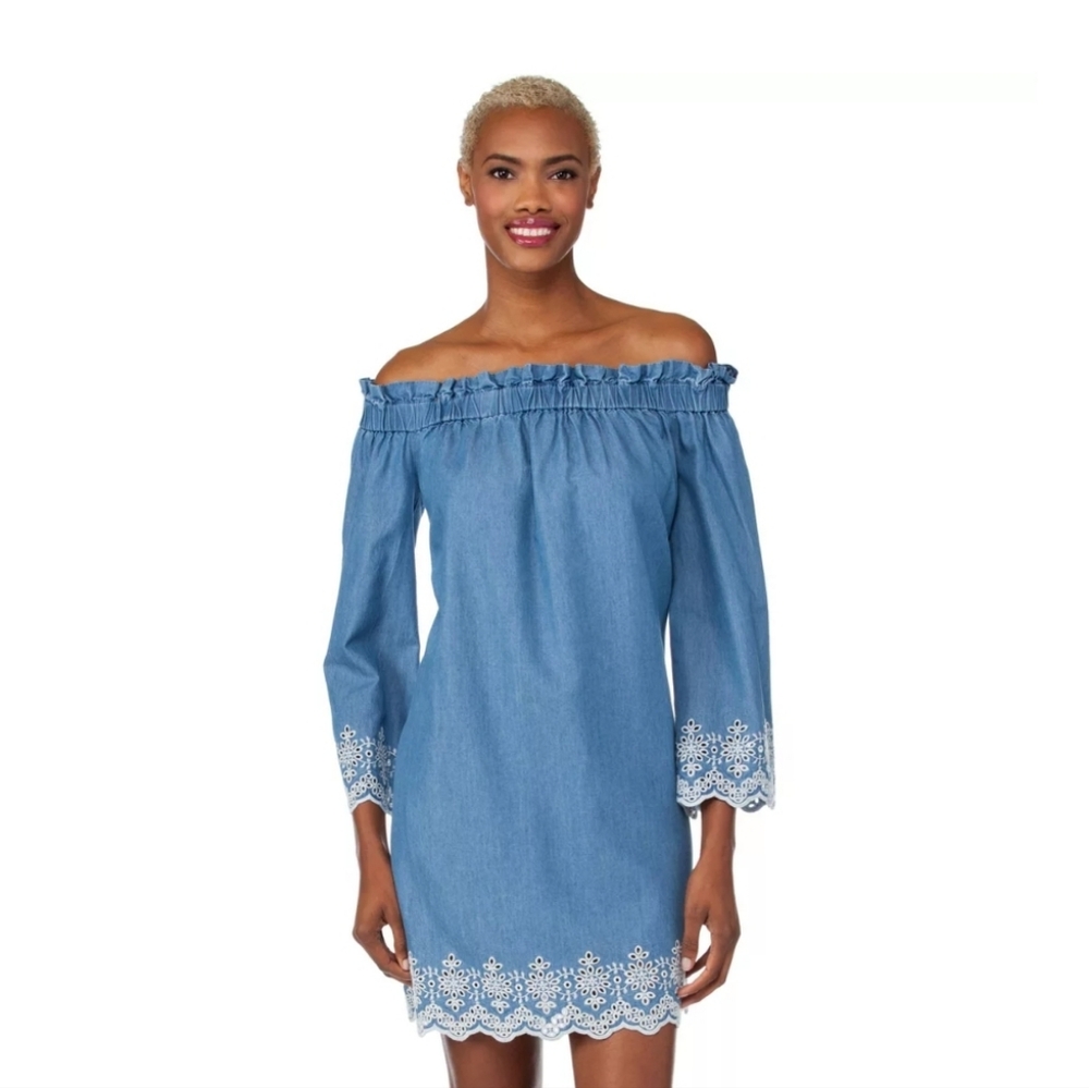 Michael Kors Womens Embroidered Chambray Off-The-Shoulder Dress SZ L